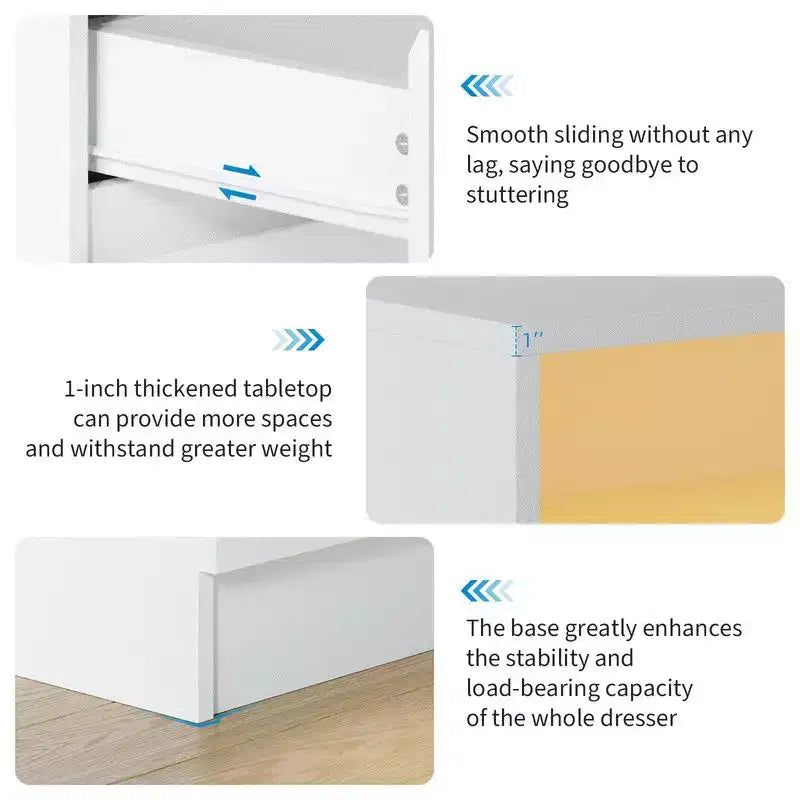 Commode à 6 tiroirs avec station de charge et lumières LED, commode moderne avec prise de courant