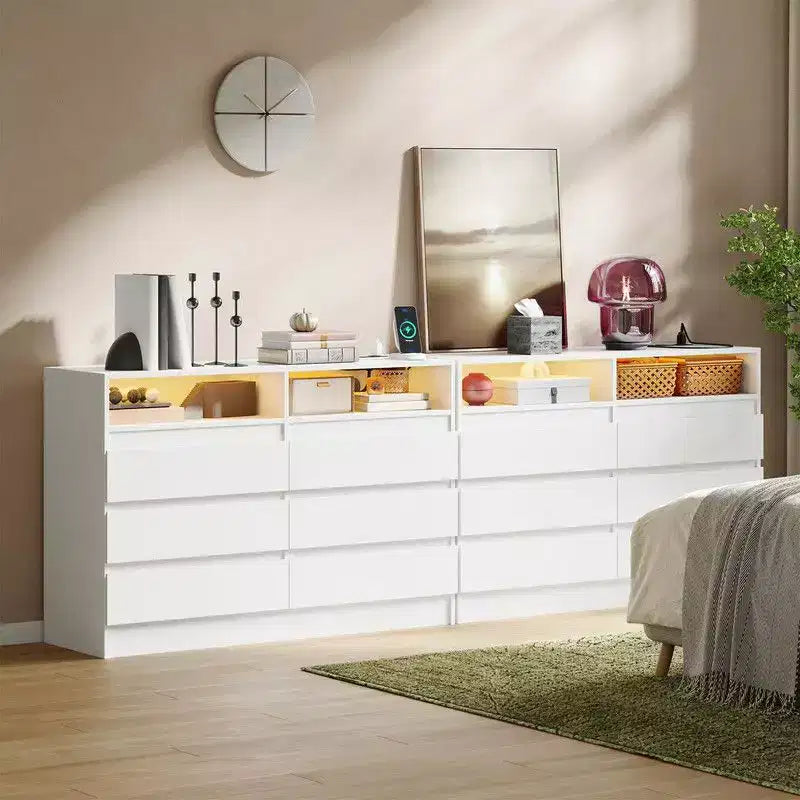 Commode à 6 tiroirs avec station de charge et lumières LED, commode moderne avec prise de courant