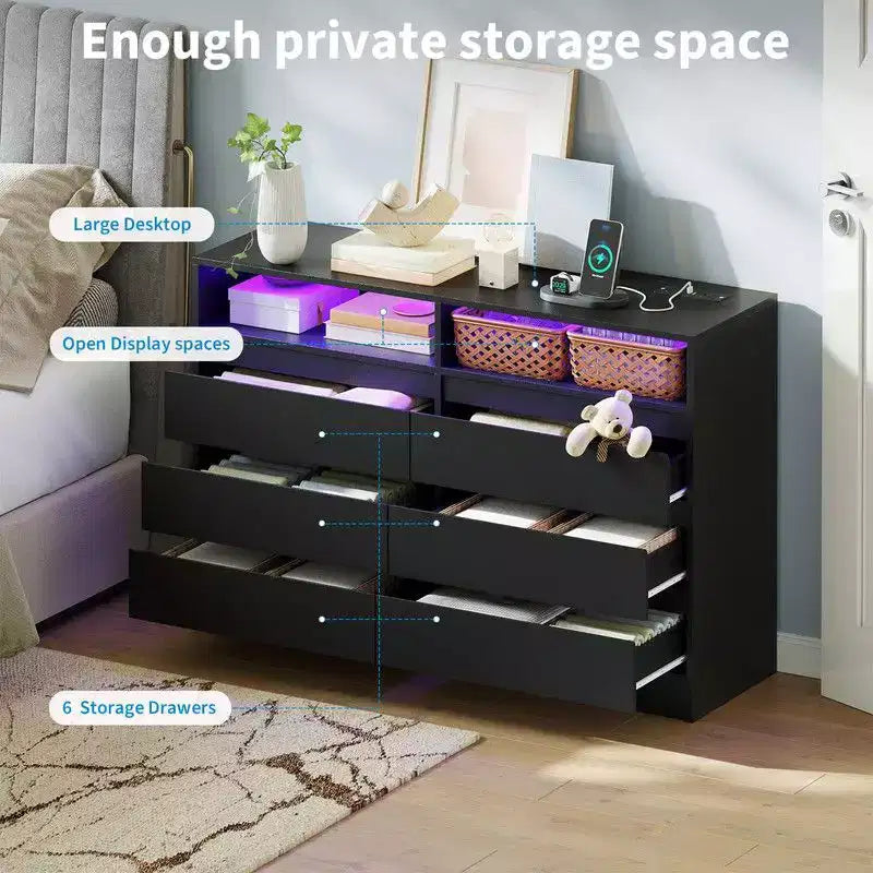 Commode à 6 tiroirs avec station de charge et lumières LED, commode moderne avec prise de courant