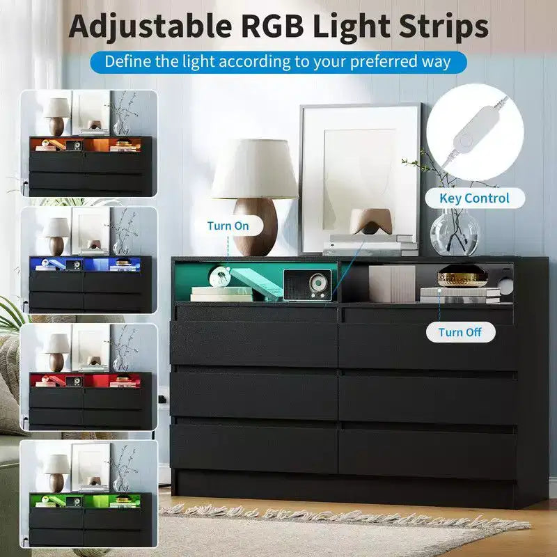 Commode à 6 tiroirs avec station de charge et lumières LED, commode moderne avec prise de courant