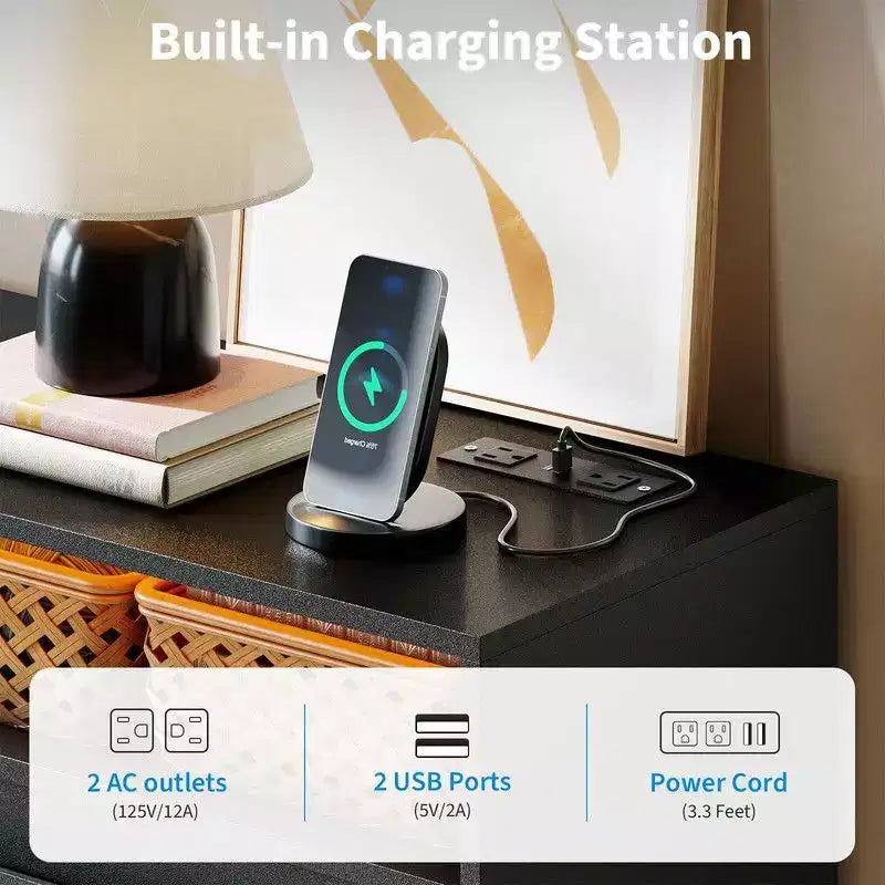 Commode à 6 tiroirs avec station de charge et lumières LED, commode moderne avec prise de courant