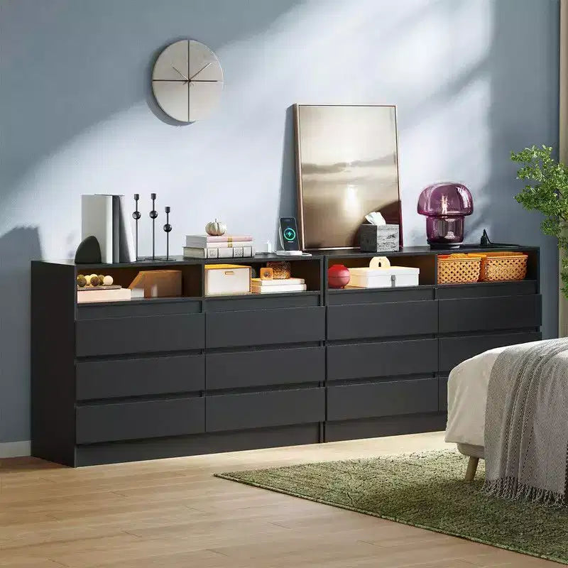 Commode à 6 tiroirs avec station de charge et lumières LED, commode moderne avec prise de courant