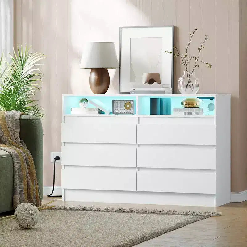 Commode à 6 tiroirs avec station de charge et lumières LED, commode moderne avec prise de courant