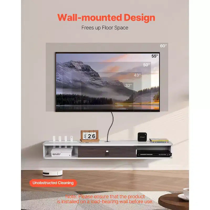 55-Inch Floating TV Stand, Wall Mount Entertainment Center with Cable Hole & Storage Cabinet, White