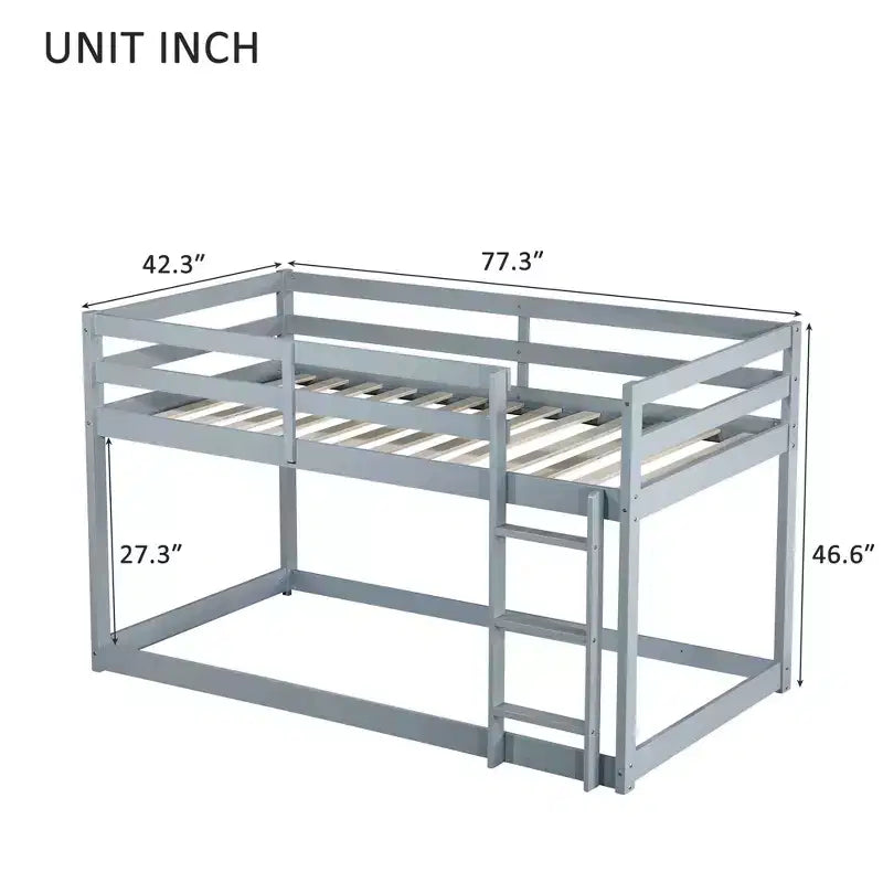 Twin Over Twin Floor Bunk Bed with Ladder & Strengthened Slats, Rubberwood Frame for Kids Room