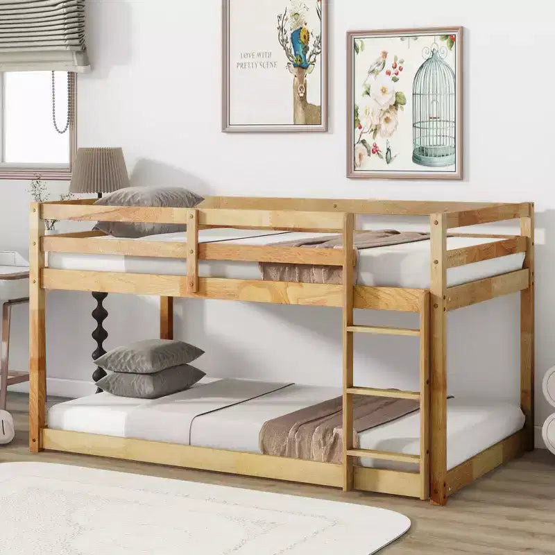 Twin Over Twin Floor Bunk Bed with Ladder & Strengthened Slats, Rubberwood Frame for Kids Room