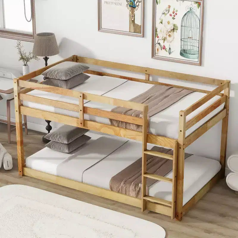 Twin Over Twin Floor Bunk Bed with Ladder & Strengthened Slats, Rubberwood Frame for Kids Room