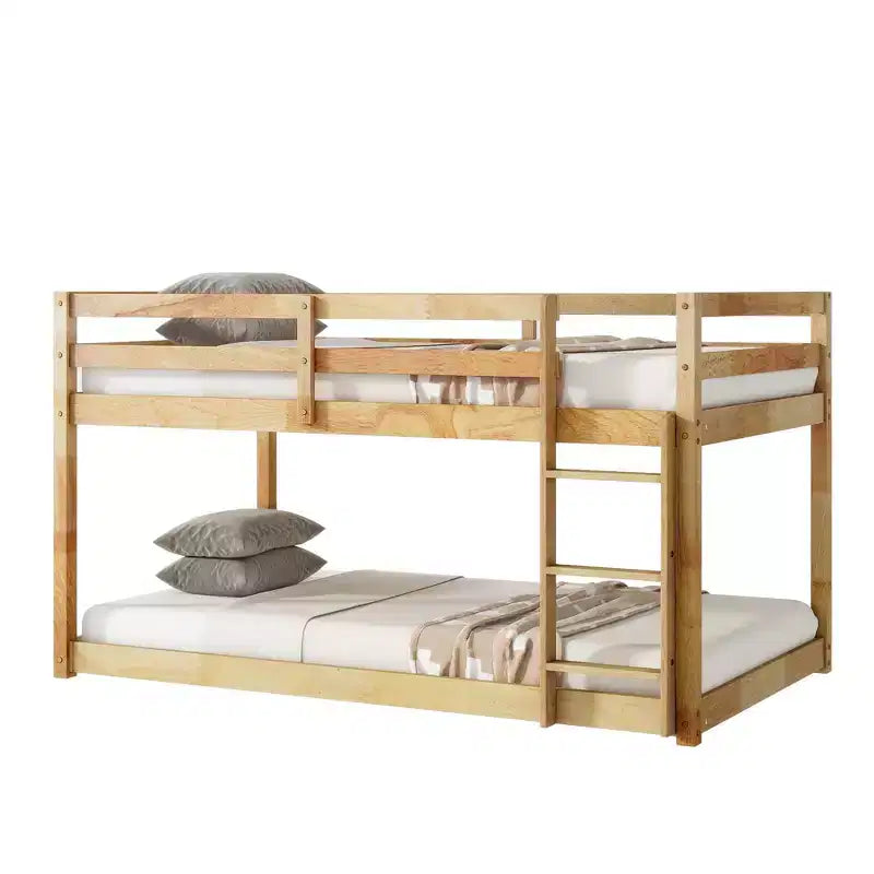 Twin Over Twin Floor Bunk Bed with Ladder & Strengthened Slats, Rubberwood Frame for Kids Room