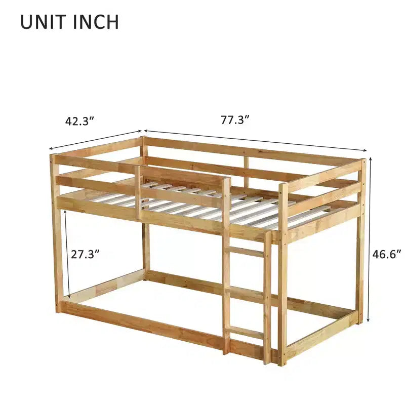 Twin Over Twin Floor Bunk Bed with Ladder & Strengthened Slats, Rubberwood Frame for Kids Room