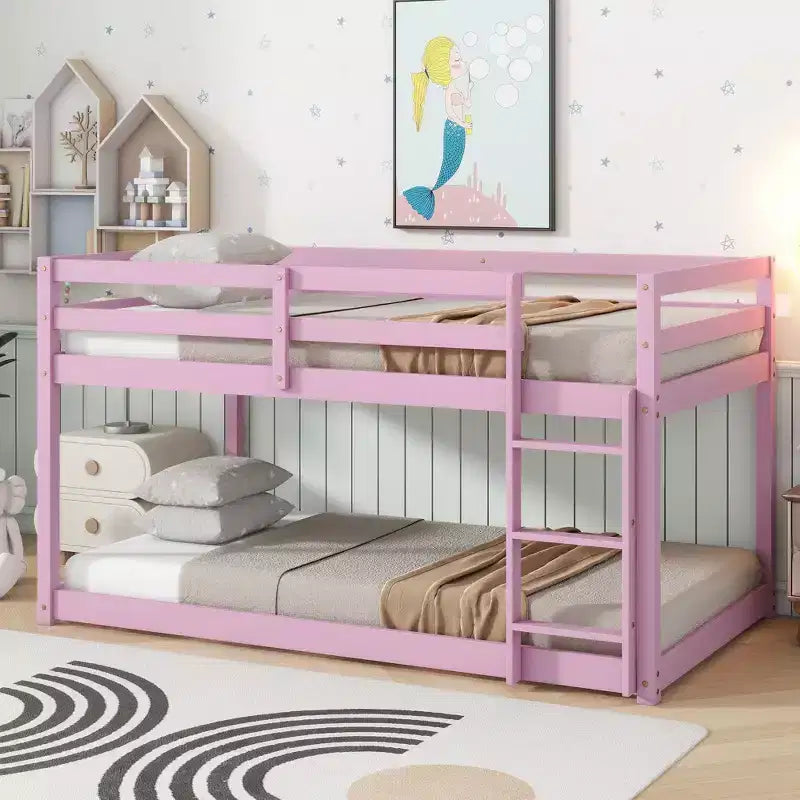 Twin Over Twin Floor Bunk Bed with Ladder & Strengthened Slats, Rubberwood Frame for Kids Room