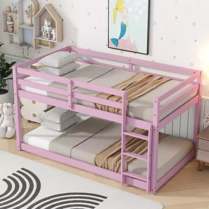Twin Over Twin Floor Bunk Bed with Ladder & Strengthened Slats, Rubberwood Frame for Kids Room