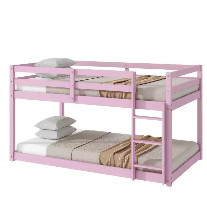 Twin Over Twin Floor Bunk Bed with Ladder & Strengthened Slats, Rubberwood Frame for Kids Room