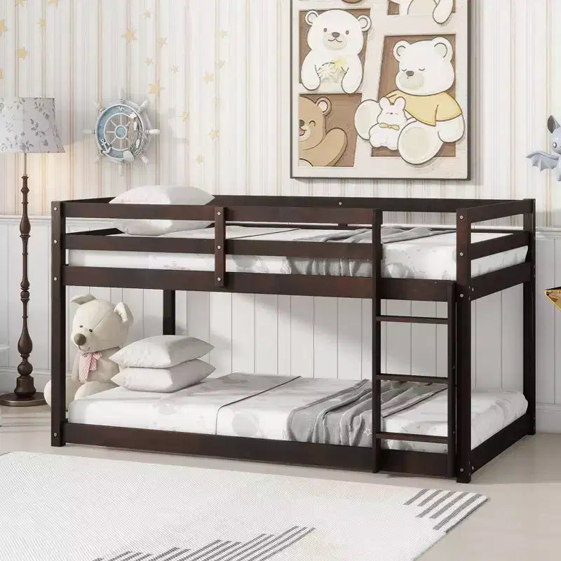 Twin Over Twin Floor Bunk Bed with Ladder & Strengthened Slats, Rubberwood Frame for Kids Room
