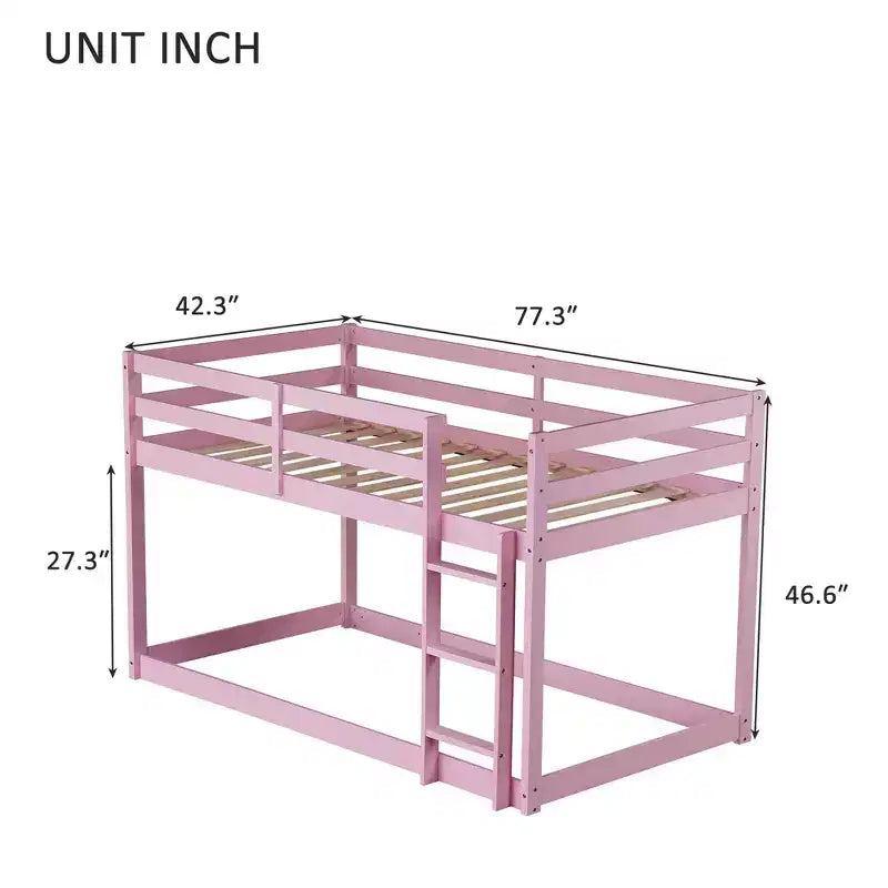 Twin Over Twin Floor Bunk Bed with Ladder & Strengthened Slats, Rubberwood Frame for Kids Room