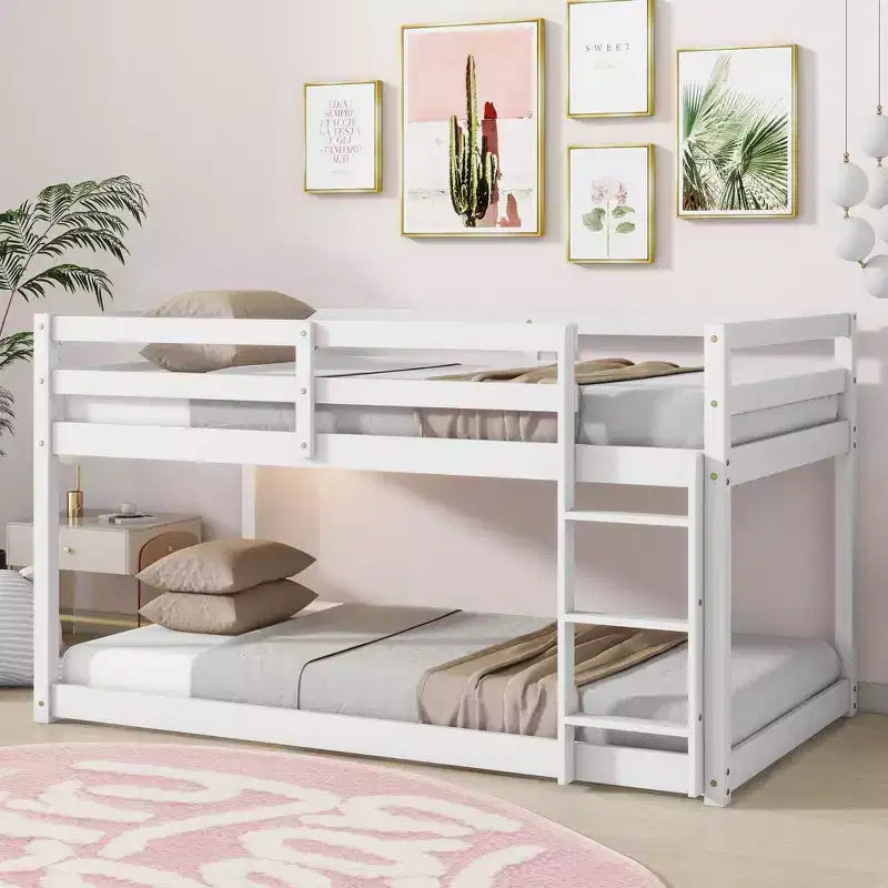 Twin Over Twin Floor Bunk Bed with Ladder & Strengthened Slats, Rubberwood Frame for Kids Room