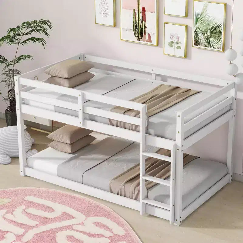 Twin Over Twin Floor Bunk Bed with Ladder & Strengthened Slats, Rubberwood Frame for Kids Room