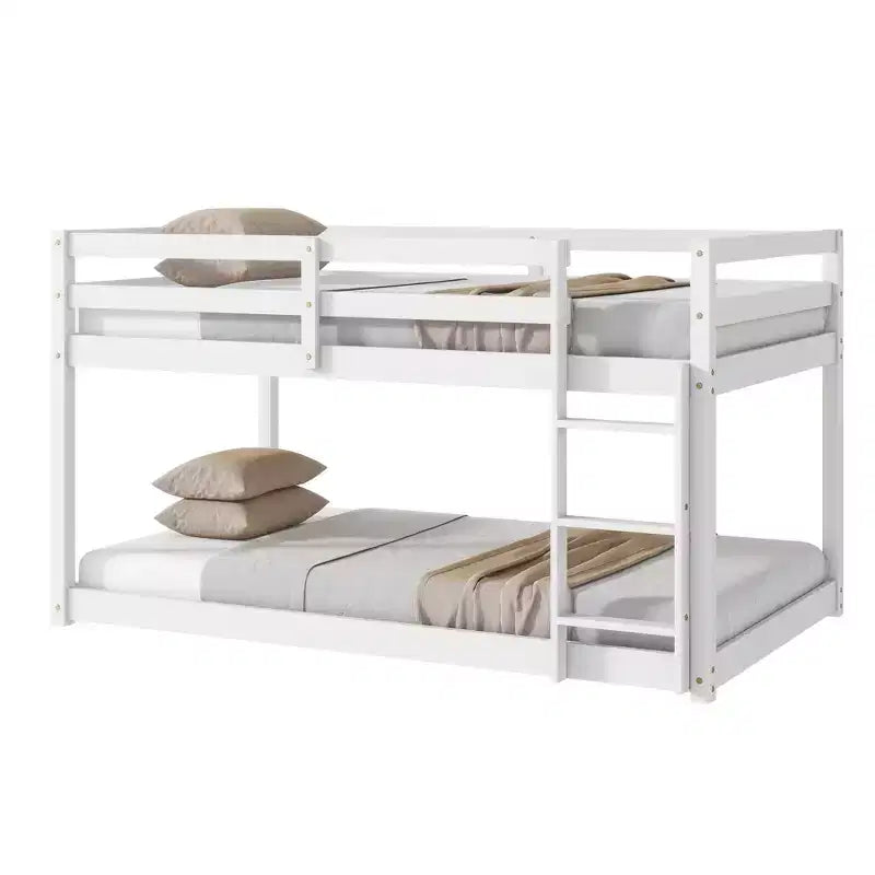 Twin Over Twin Floor Bunk Bed with Ladder & Strengthened Slats, Rubberwood Frame for Kids Room