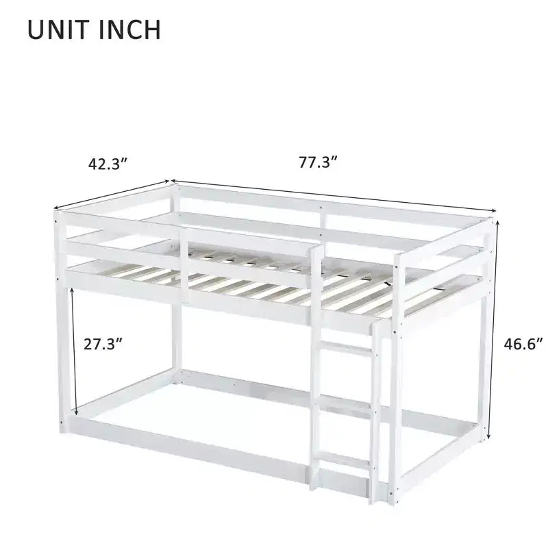 Twin Over Twin Floor Bunk Bed with Ladder & Strengthened Slats, Rubberwood Frame for Kids Room