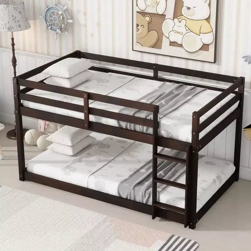 Twin Over Twin Floor Bunk Bed with Ladder & Strengthened Slats, Rubberwood Frame for Kids Room