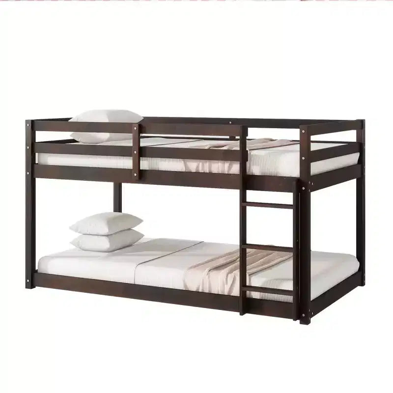 Twin Over Twin Floor Bunk Bed with Ladder & Strengthened Slats, Rubberwood Frame for Kids Room