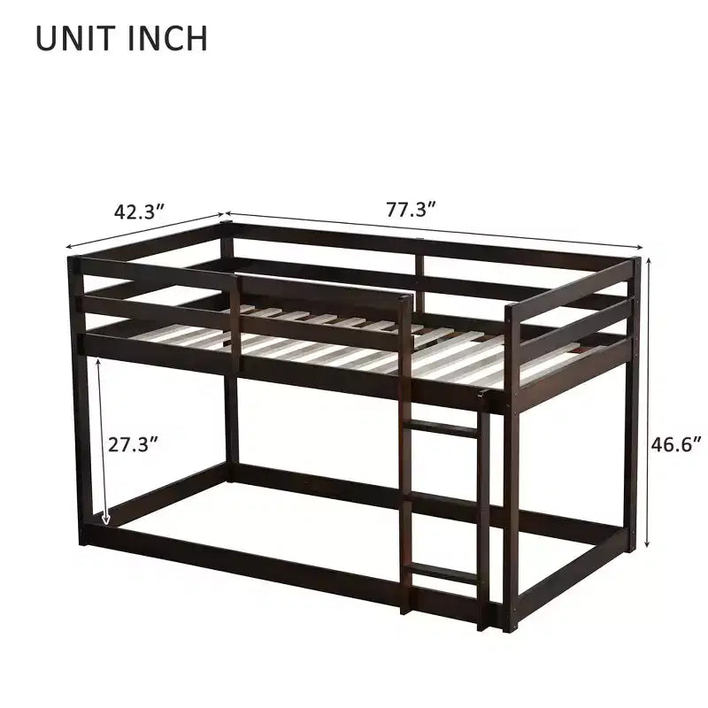 Twin Over Twin Floor Bunk Bed with Ladder & Strengthened Slats, Rubberwood Frame for Kids Room