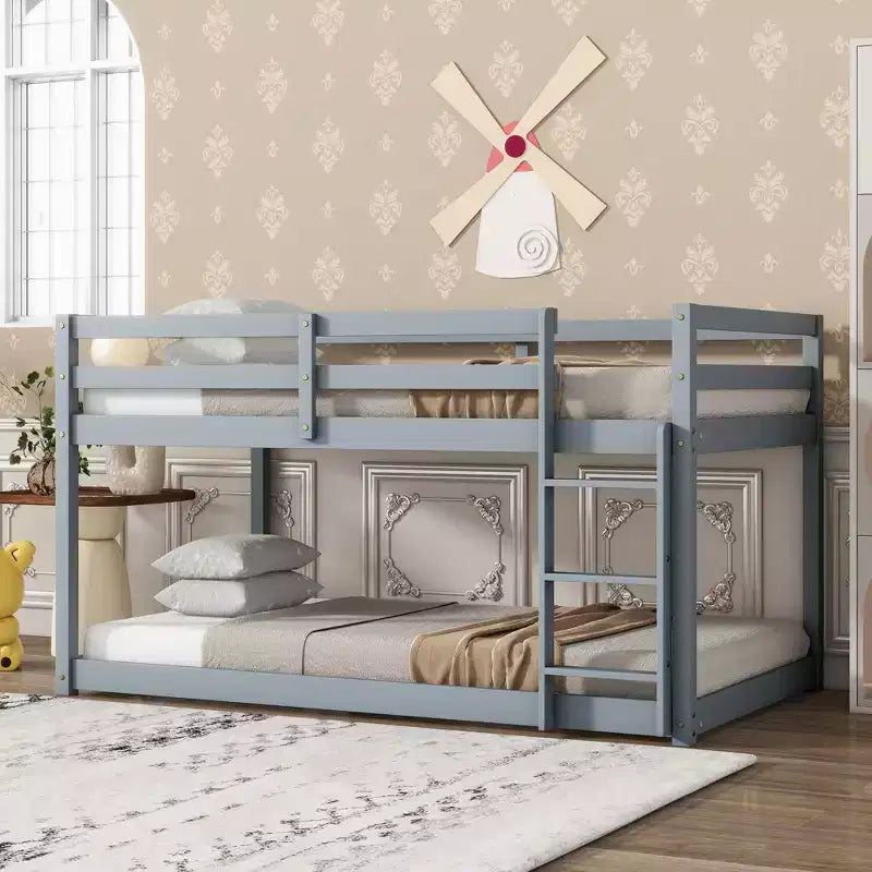 Twin Over Twin Floor Bunk Bed with Ladder & Strengthened Slats, Rubberwood Frame for Kids Room