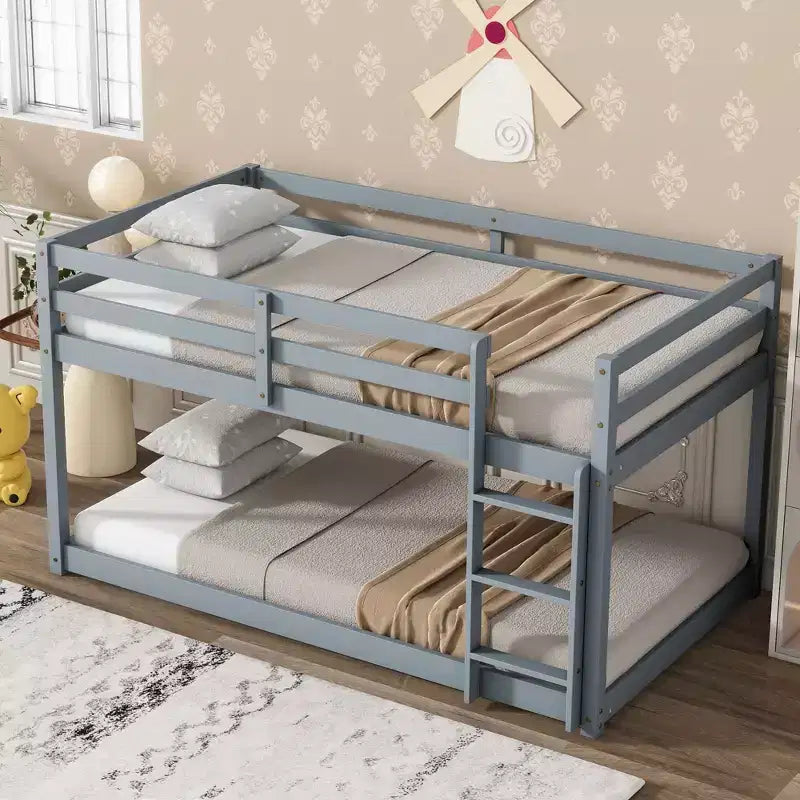 Twin Over Twin Floor Bunk Bed with Ladder & Strengthened Slats, Rubberwood Frame for Kids Room