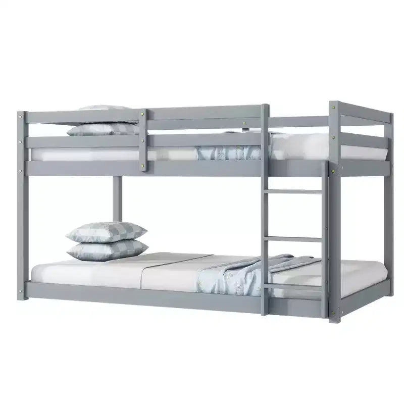 Twin Over Twin Floor Bunk Bed with Ladder & Strengthened Slats, Rubberwood Frame for Kids Room