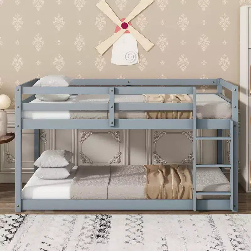 Twin Over Twin Floor Bunk Bed with Ladder & Strengthened Slats, Rubberwood Frame for Kids Room