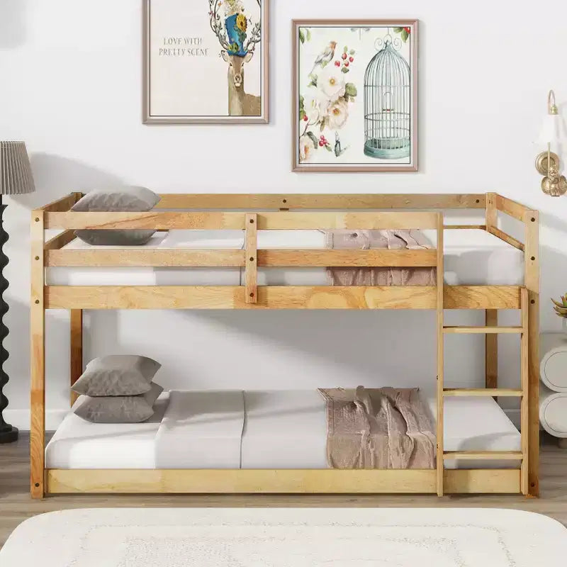 Twin Over Twin Floor Bunk Bed with Ladder & Strengthened Slats, Rubberwood Frame for Kids Room