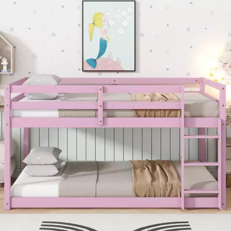 Twin Over Twin Floor Bunk Bed with Ladder & Strengthened Slats, Rubberwood Frame for Kids Room