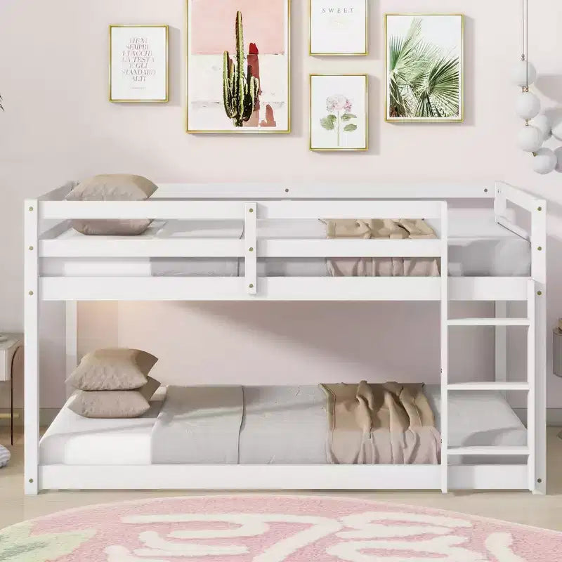 Twin Over Twin Floor Bunk Bed with Ladder & Strengthened Slats, Rubberwood Frame for Kids Room