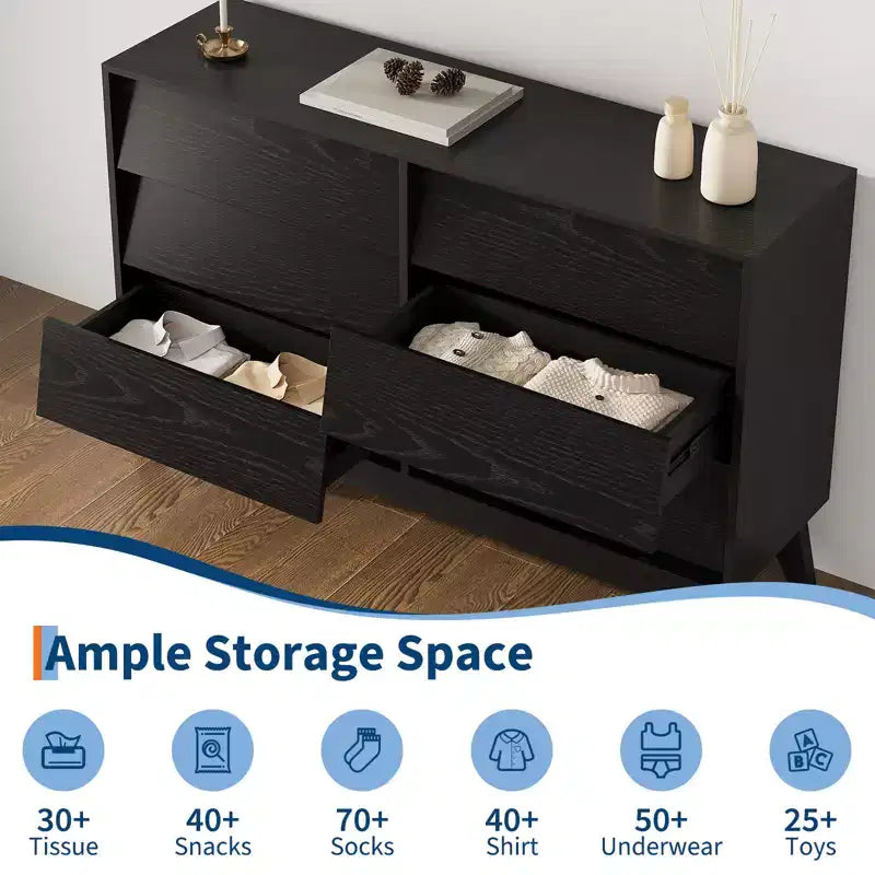 6-Drawer Fluted Wooden Dresser, Modern Storage Chest for Bedroom & Living Room