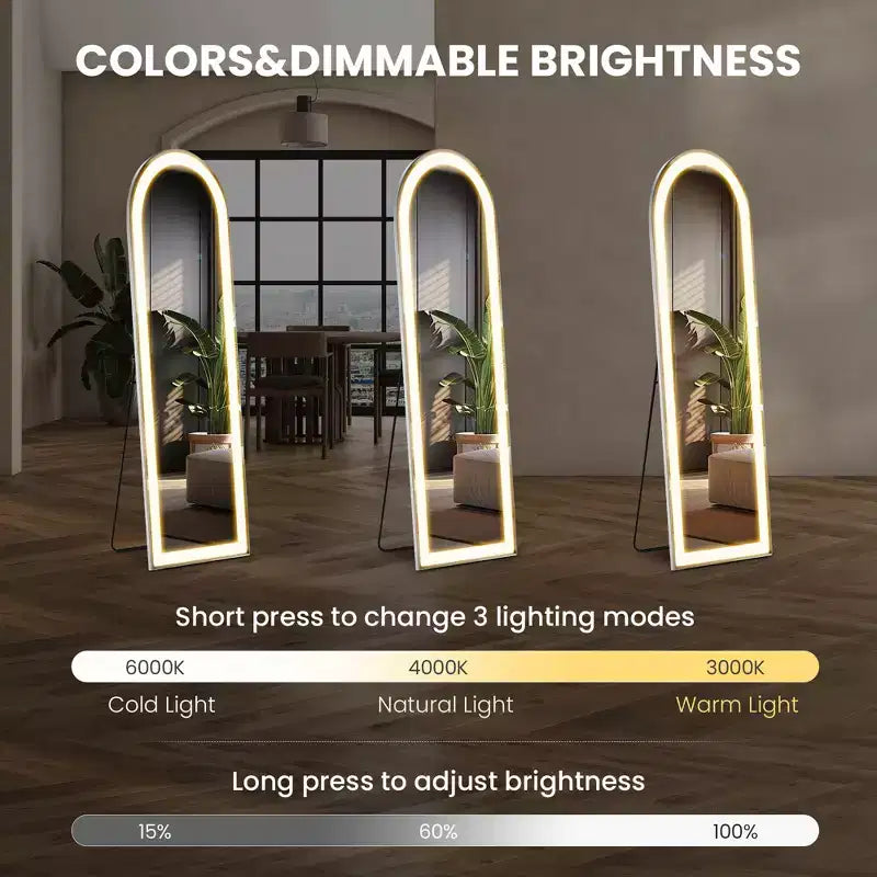 Miroir pleine longueur avec lumières LED, miroir de sol de 60 pouces avec cadre en alliage d'aluminium, miroir pleine hauteur à poser ou mural
