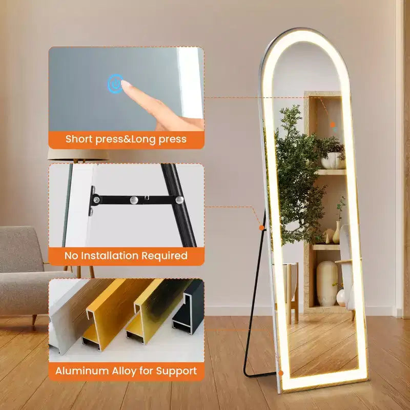 60-Inch LED Full Length Floor Mirror, 60"H x 16"W, Aluminum Alloy Frame, Standing or Wall-Mounted