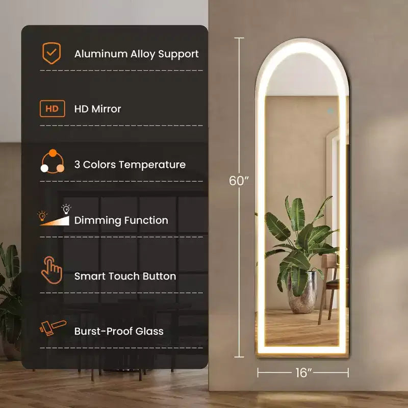 60-Inch LED Full Length Floor Mirror, 60"H x 16"W, Aluminum Alloy Frame, Standing or Wall-Mounted