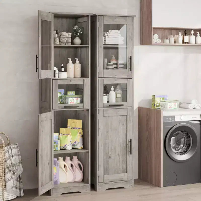 Tall Slim Storage Cabinet with Glass Doors and Adjustable Shelves