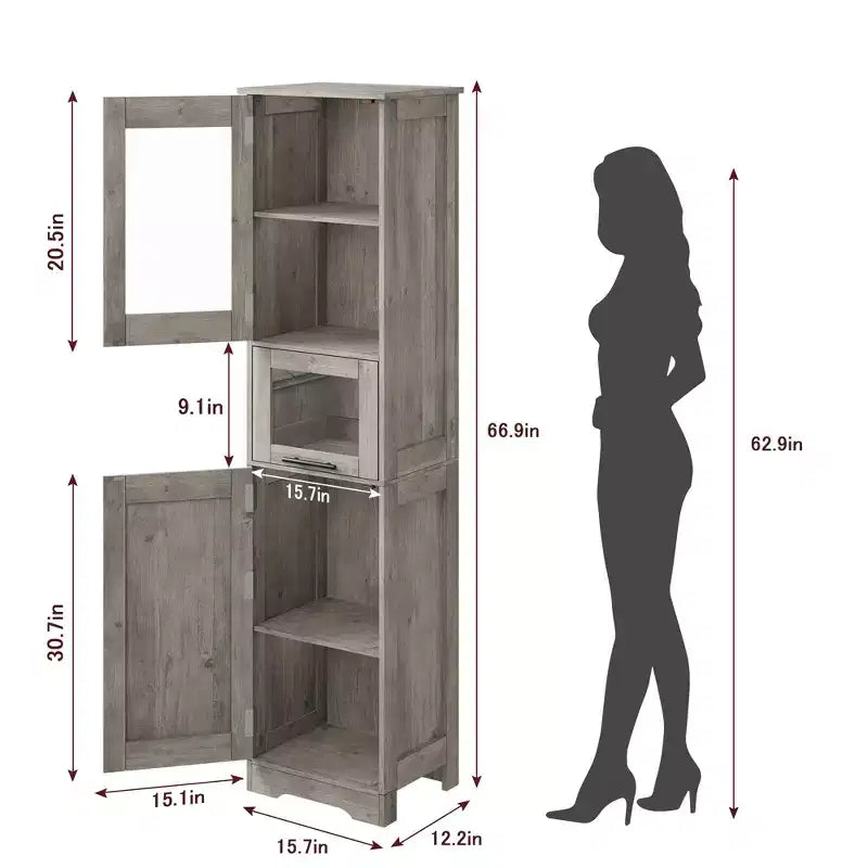 Tall Slim Storage Cabinet with Glass Doors and Adjustable Shelves