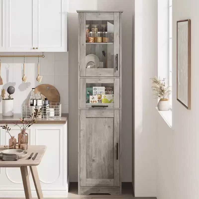 Tall Slim Storage Cabinet with Glass Doors and Adjustable Shelves