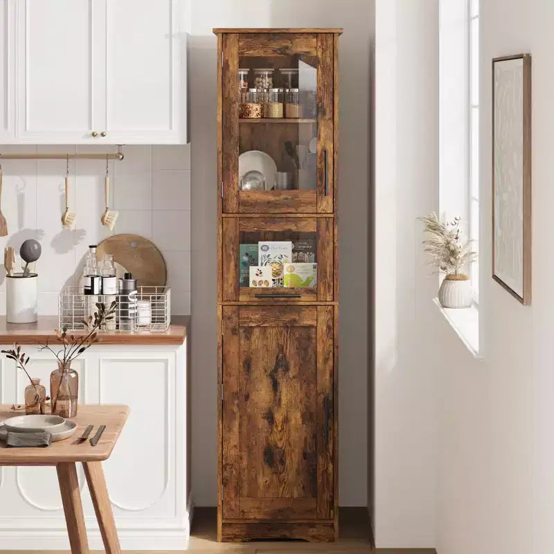 Tall Slim Storage Cabinet with Glass Doors and Adjustable Shelves