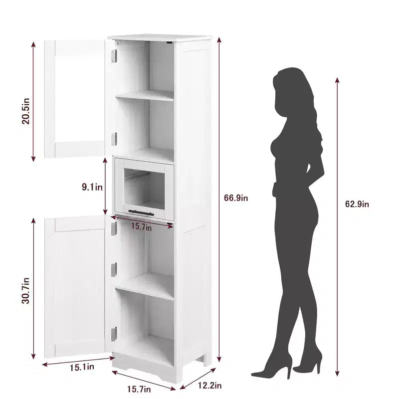 Tall Slim Storage Cabinet with Glass Doors and Adjustable Shelves