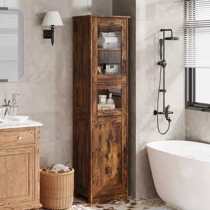 Tall Slim Storage Cabinet with Glass Doors and Adjustable Shelves