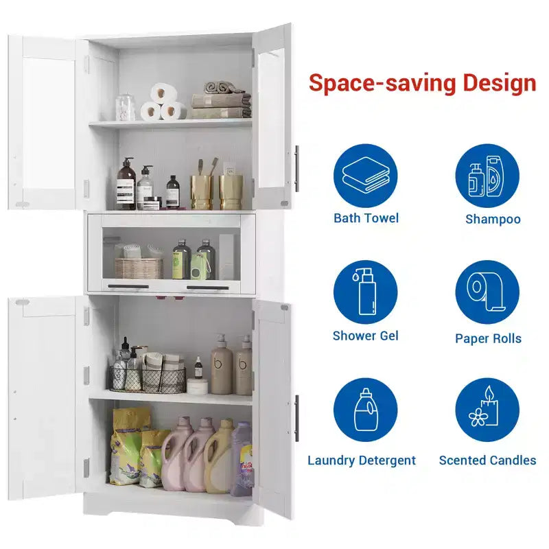 Tall Slim Storage Cabinet with Glass Doors and Adjustable Shelves