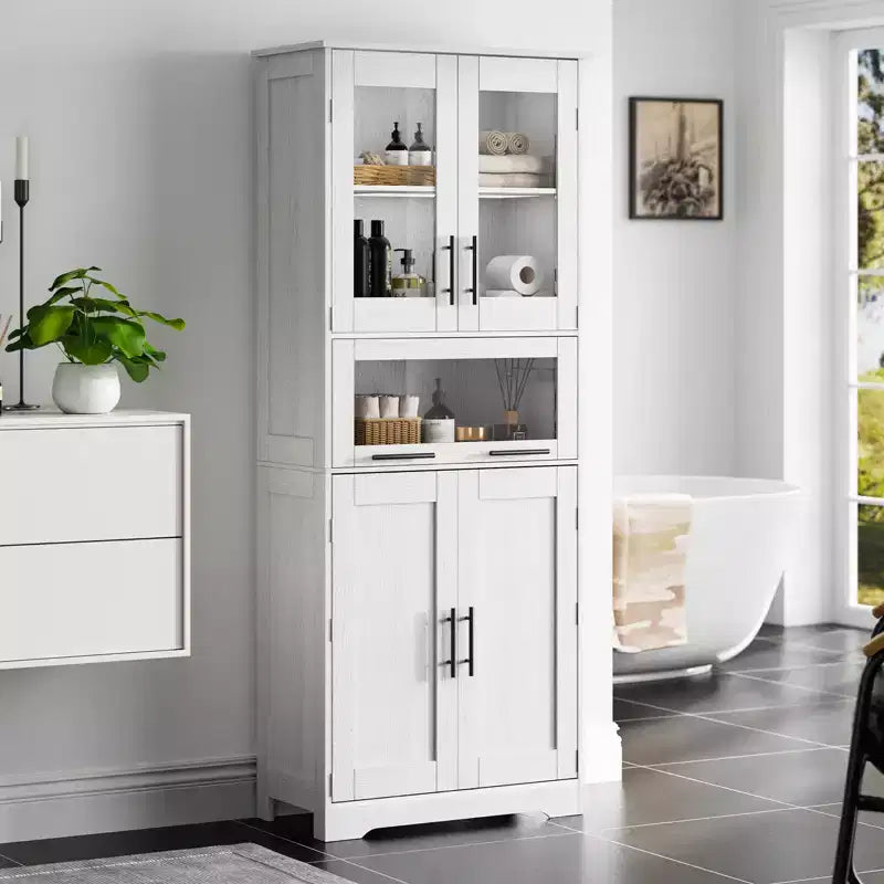 Tall Slim Storage Cabinet with Glass Doors and Adjustable Shelves