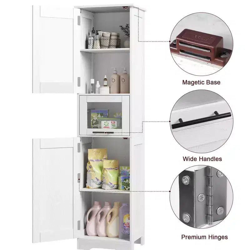 Tall Slim Storage Cabinet with Glass Doors and Adjustable Shelves