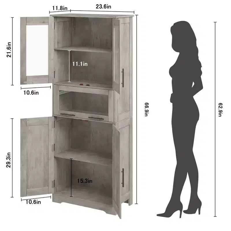 Tall Slim Storage Cabinet with Glass Doors and Adjustable Shelves