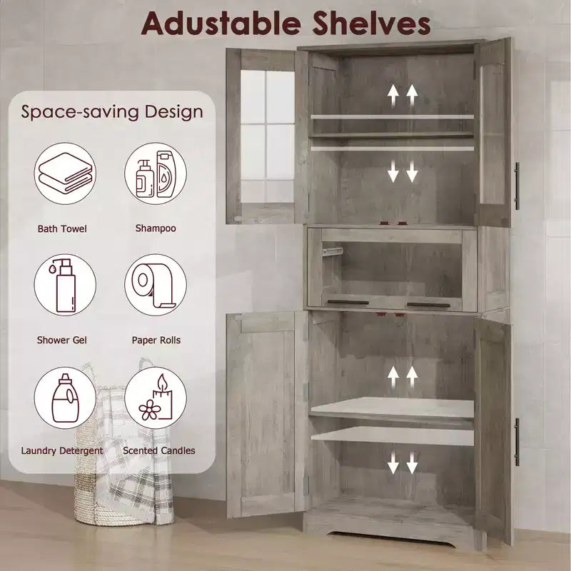 Tall Slim Storage Cabinet with Glass Doors and Adjustable Shelves