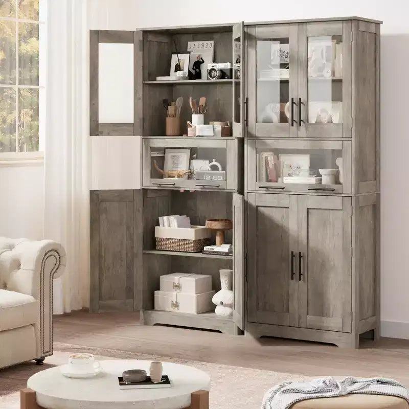 Tall Slim Storage Cabinet with Glass Doors and Adjustable Shelves