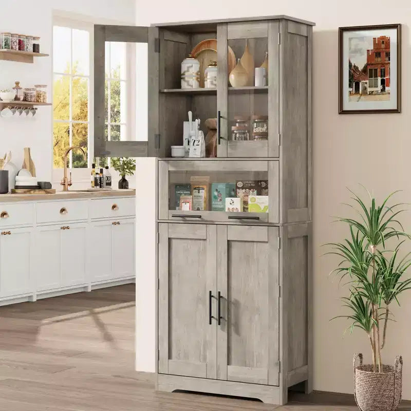 Tall Slim Storage Cabinet with Glass Doors and Adjustable Shelves