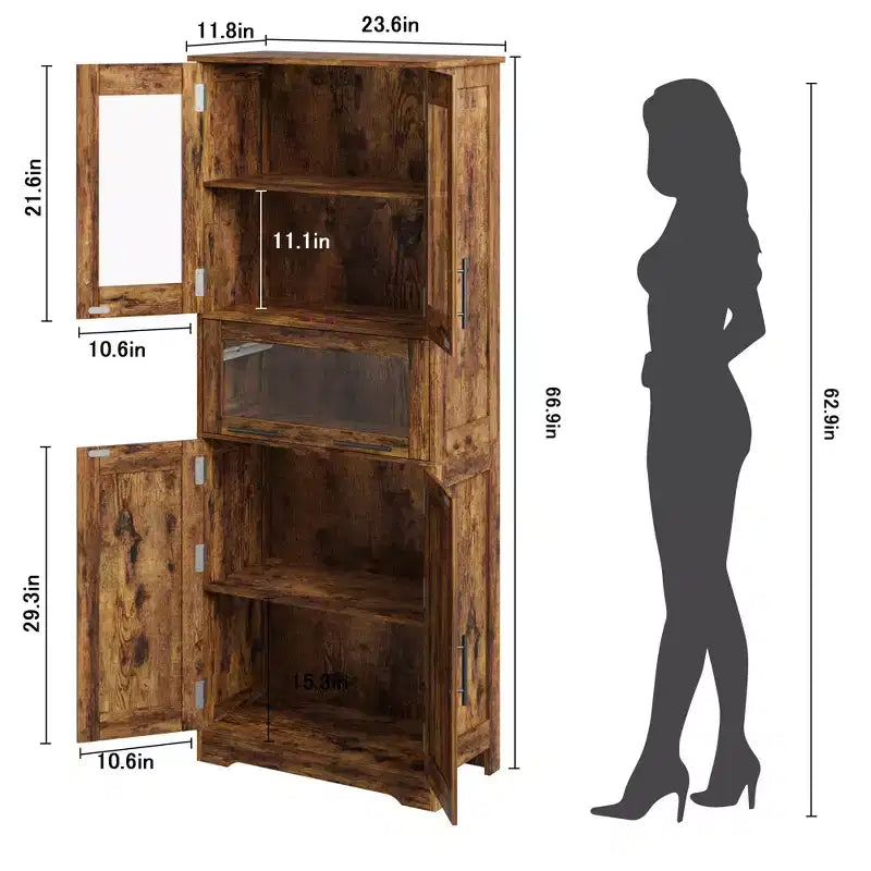 Tall Slim Storage Cabinet with Glass Doors and Adjustable Shelves